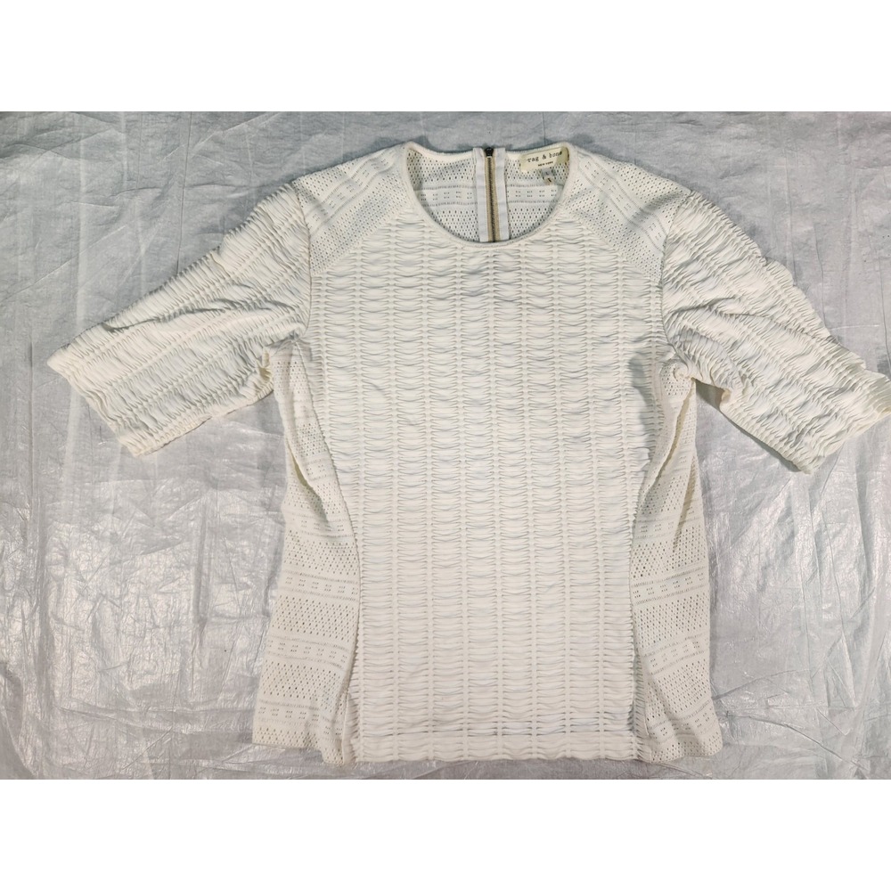 Rag & Bone Top New York Top L Blouse Shirt Ivory White Stretch 3/4 Sleeve Zip